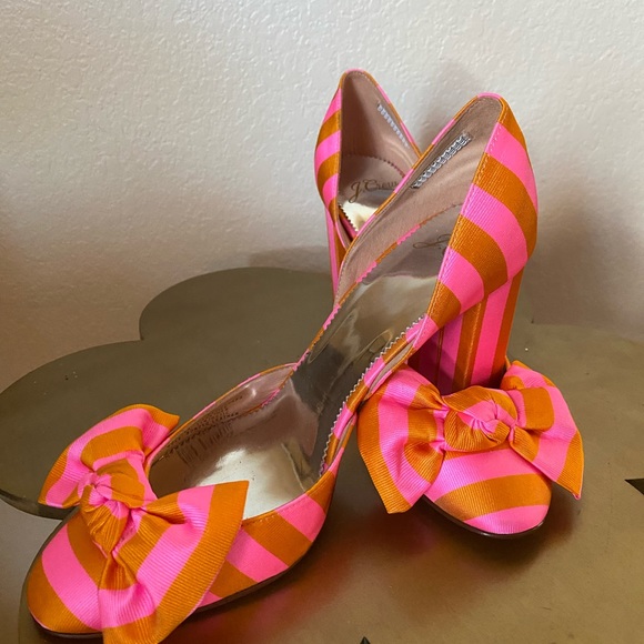 J. Crew Shoes - NWOT J Crew Pink and Orange Stripe Bow Heels 7.5